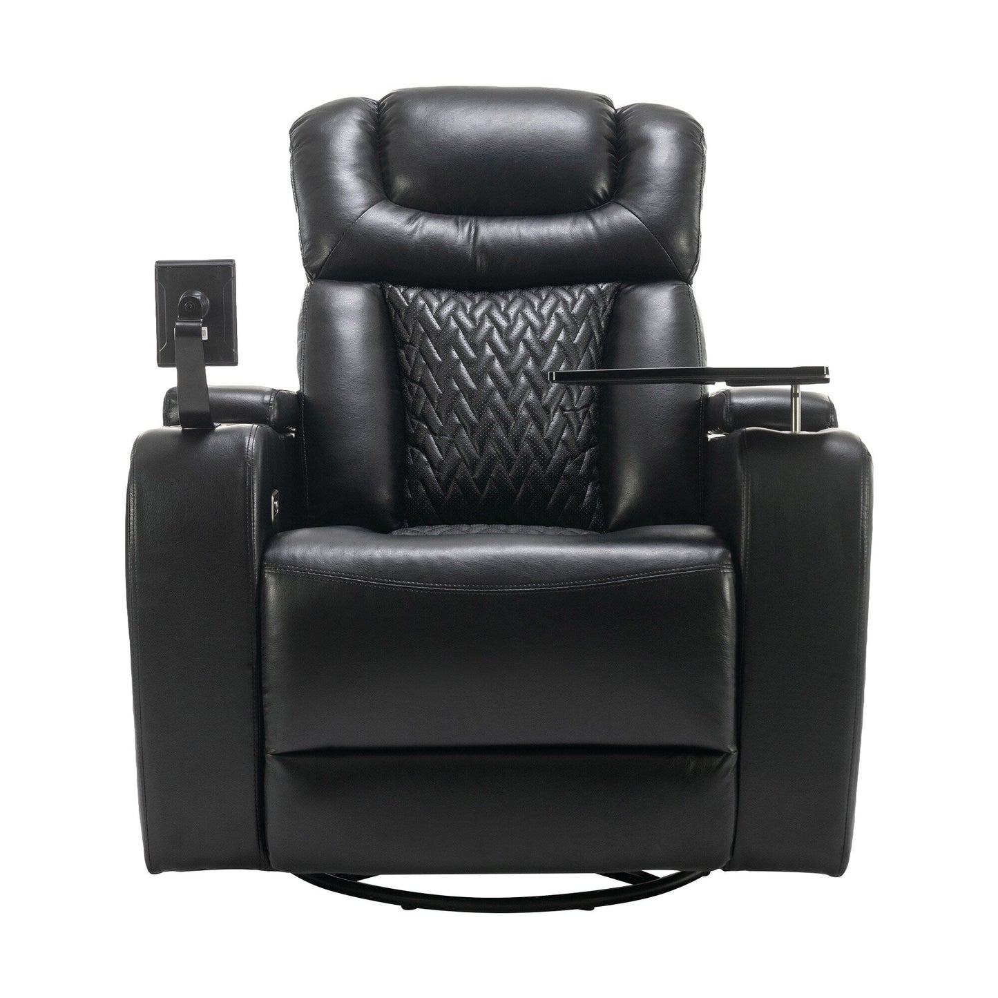 Fauteuil inclinable électrique pivotant à 270° en cuir synthétique avec support de dossier, tablette, support de téléphone, port USB et rangement dissimulé pour les accoudoirs.