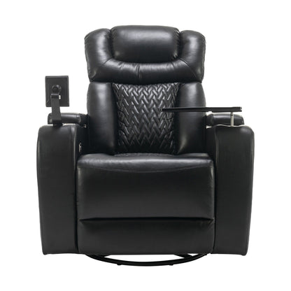 Fauteuil inclinable électrique pivotant à 270° en cuir synthétique avec support de dossier, tablette, support de téléphone, port USB et rangement dissimulé pour les accoudoirs.