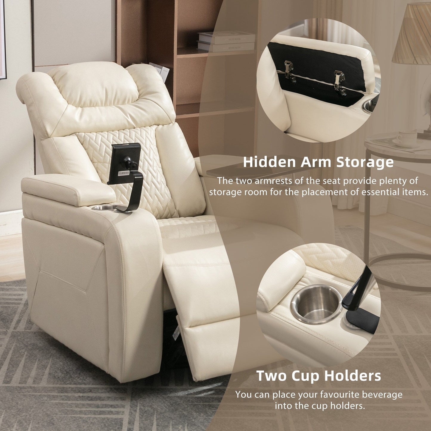 Fauteuil inclinable électrique pivotant à 270° en cuir synthétique avec support de dossier, tablette, support de téléphone, port USB et rangement dissimulé pour les accoudoirs.