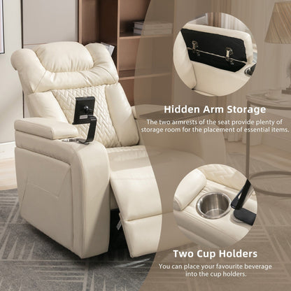 Fauteuil inclinable électrique pivotant à 270° en cuir synthétique avec support de dossier, tablette, support de téléphone, port USB et rangement dissimulé pour les accoudoirs.