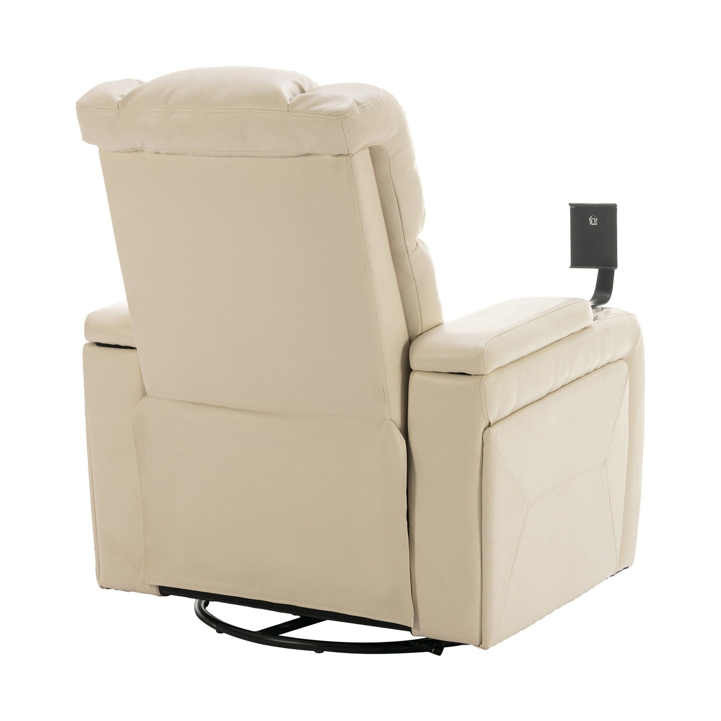 Fauteuil inclinable électrique pivotant à 270° en cuir synthétique avec support de dossier, tablette, support de téléphone, port USB et rangement dissimulé pour les accoudoirs.