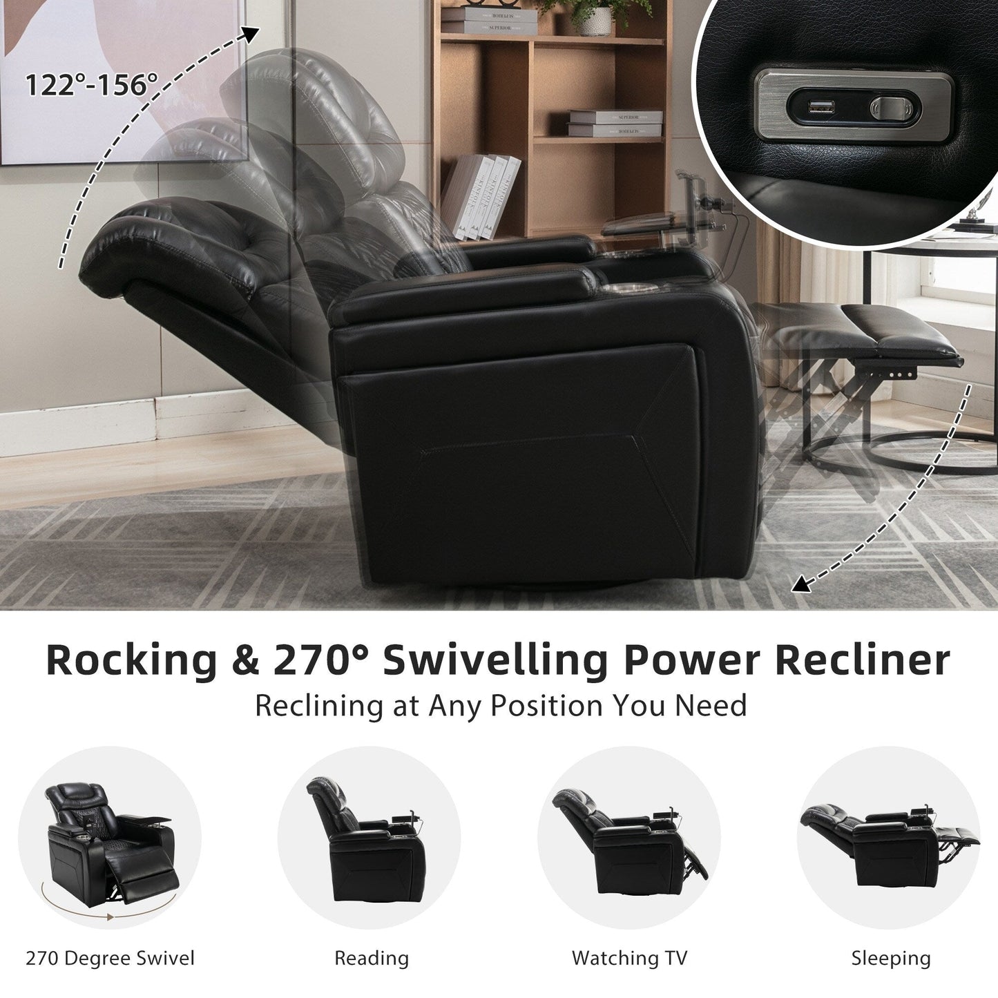 Fauteuil inclinable électrique pivotant à 270° en cuir synthétique avec support de dossier, tablette, support de téléphone, port USB et rangement dissimulé pour les accoudoirs.