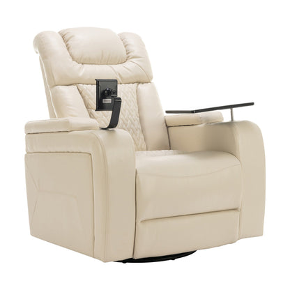 Fauteuil inclinable électrique pivotant à 270° en cuir synthétique avec support de dossier, tablette, support de téléphone, port USB et rangement dissimulé pour les accoudoirs.