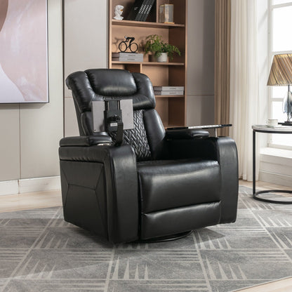 Fauteuil inclinable électrique pivotant à 270° en cuir synthétique avec support de dossier, tablette, support de téléphone, port USB et rangement dissimulé pour les accoudoirs.