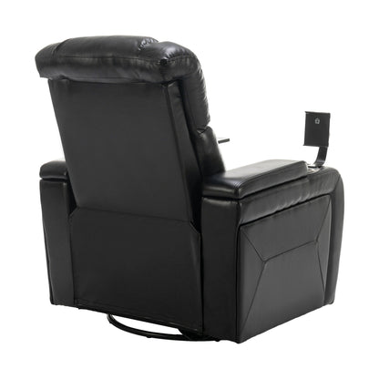 Fauteuil inclinable électrique pivotant à 270° en cuir synthétique avec support de dossier, tablette, support de téléphone, port USB et rangement dissimulé pour les accoudoirs.