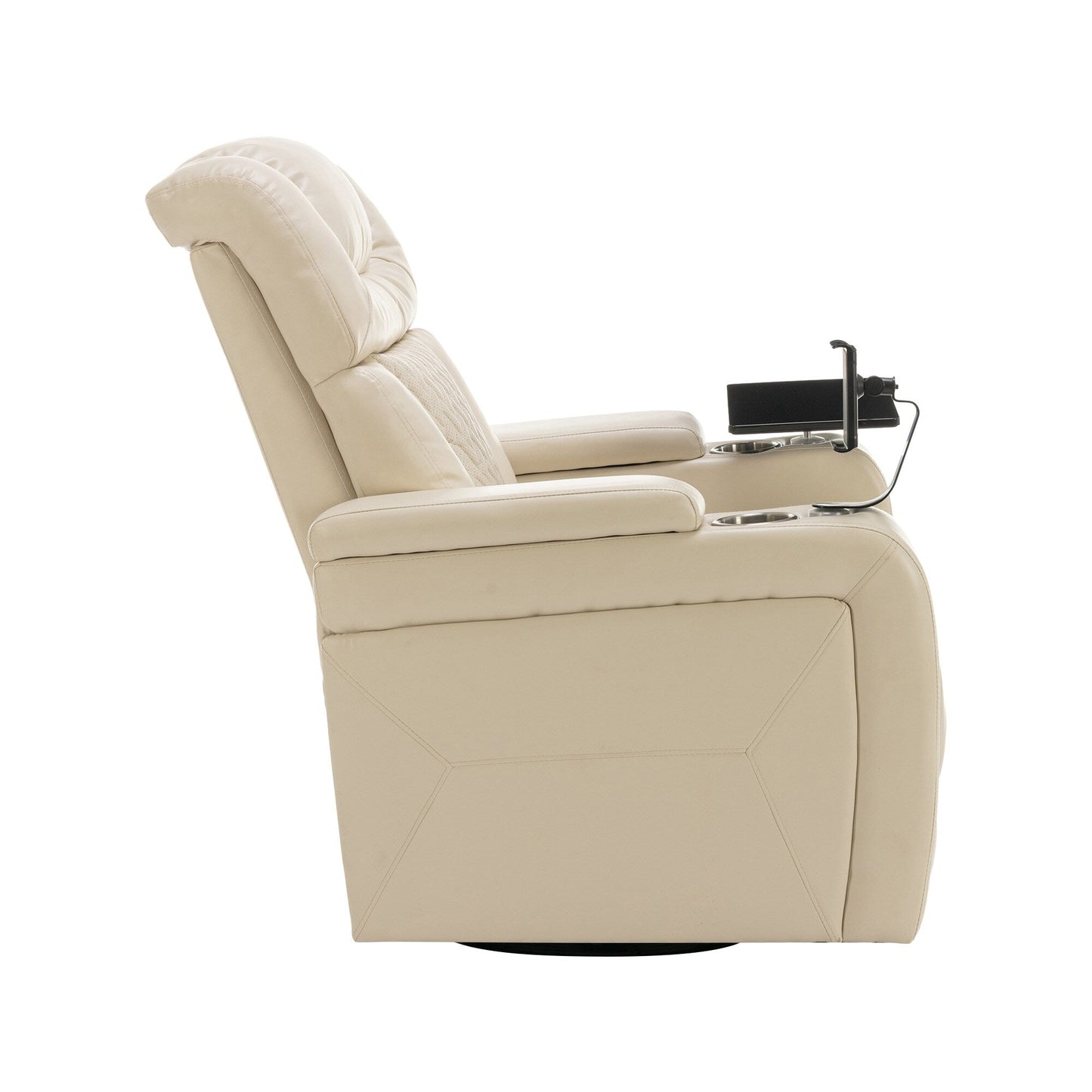 Fauteuil inclinable électrique pivotant à 270° en cuir synthétique avec support de dossier, tablette, support de téléphone, port USB et rangement dissimulé pour les accoudoirs.