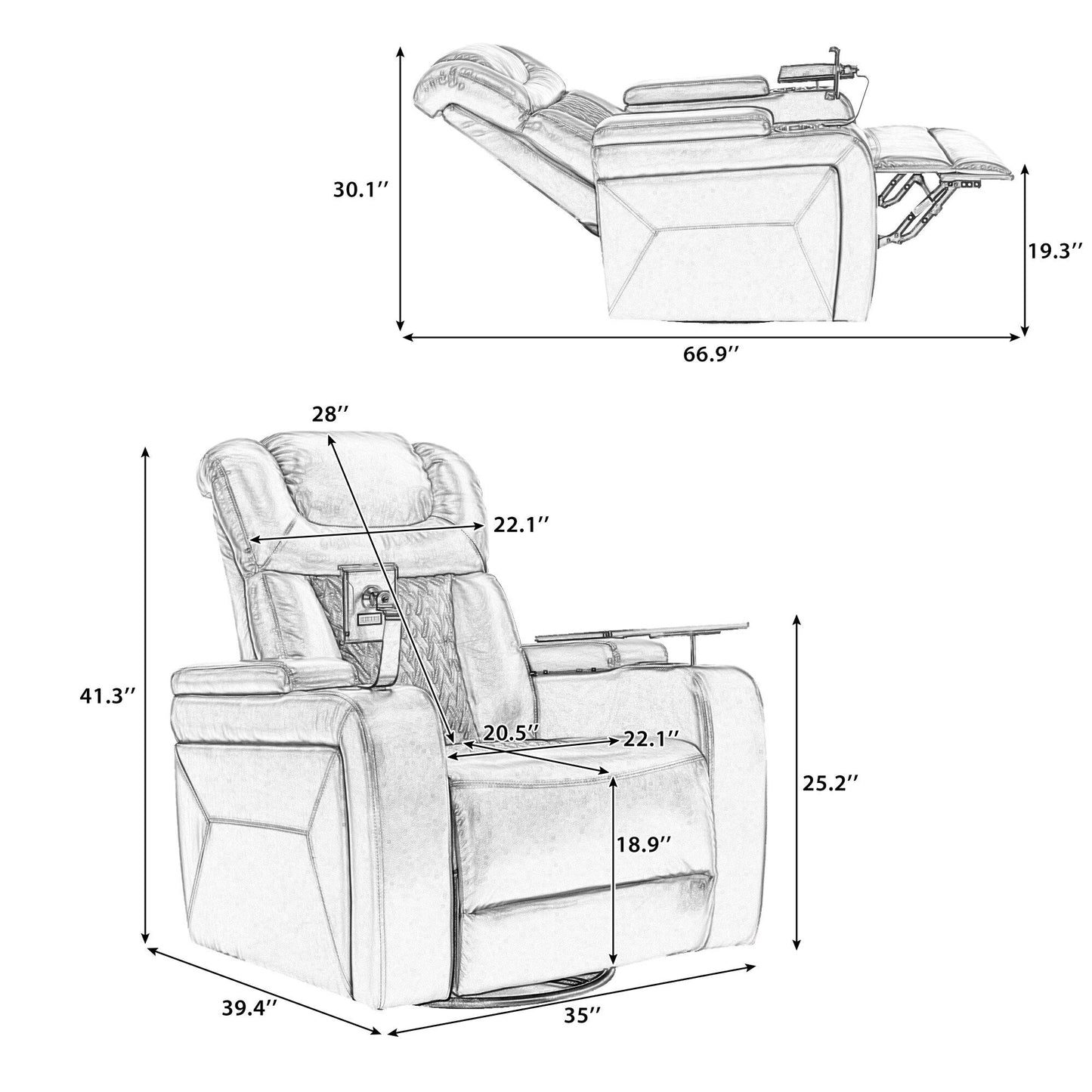 Fauteuil inclinable électrique pivotant à 270° en cuir synthétique avec support de dossier, tablette, support de téléphone, port USB et rangement dissimulé pour les accoudoirs.