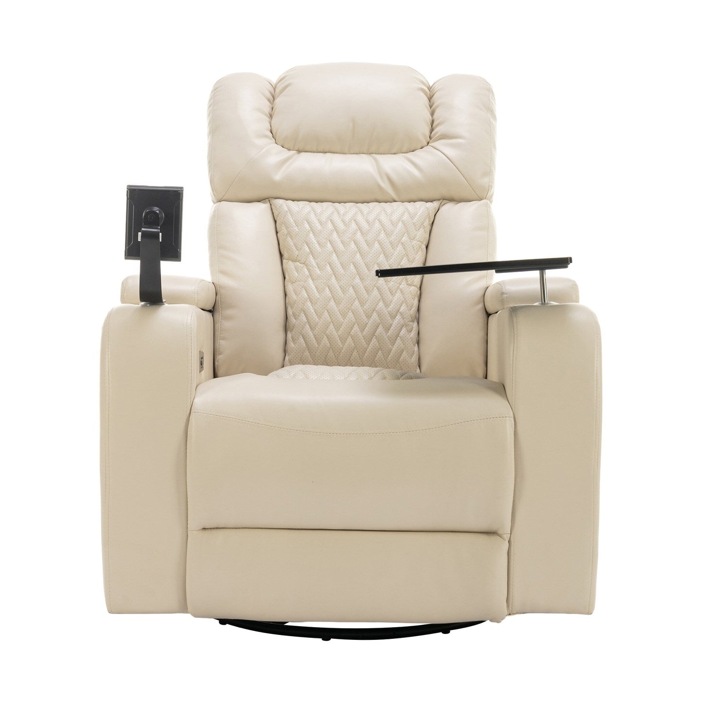 Fauteuil inclinable électrique pivotant à 270° en cuir synthétique avec support de dossier, tablette, support de téléphone, port USB et rangement dissimulé pour les accoudoirs.