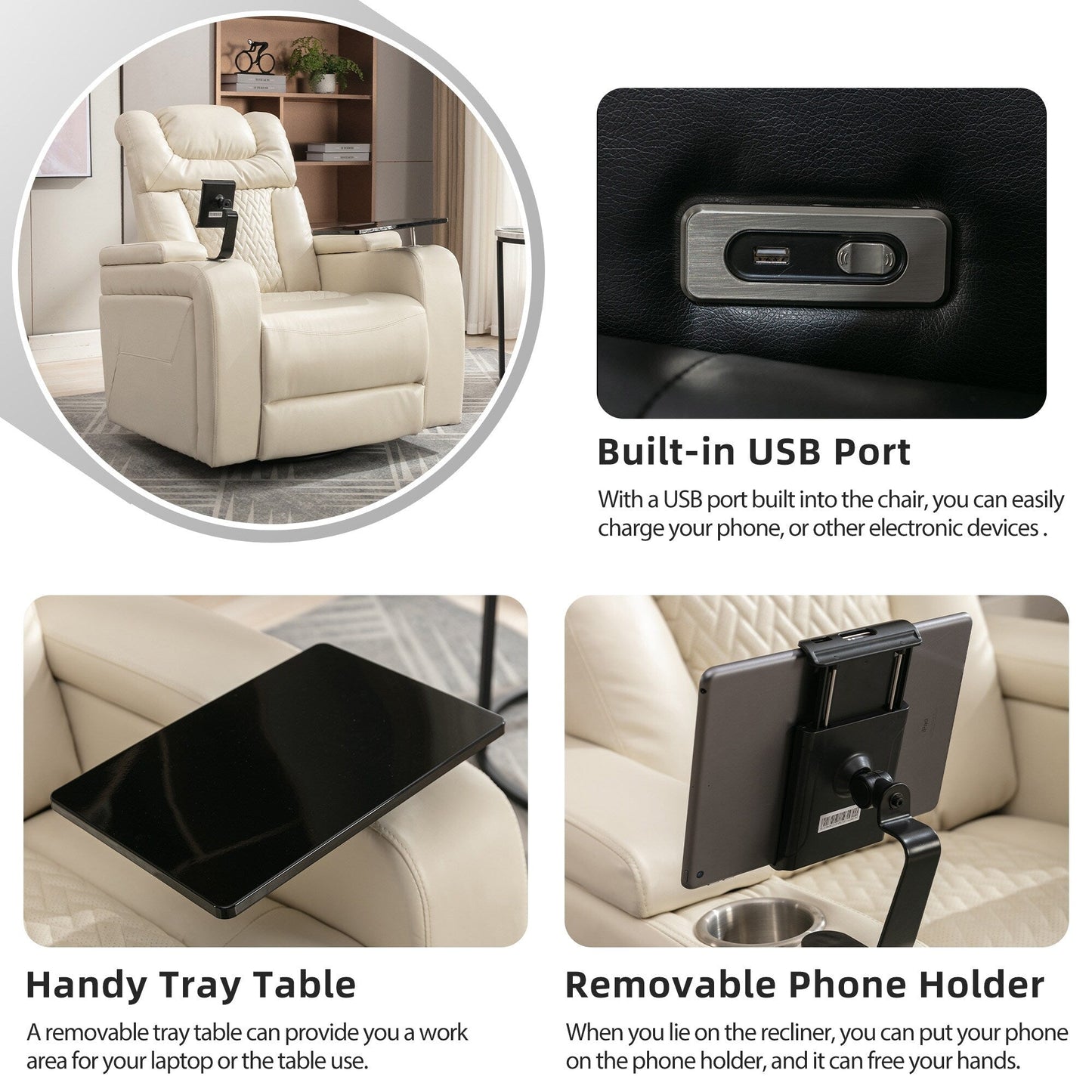 Fauteuil inclinable électrique pivotant à 270° en cuir synthétique avec support de dossier, tablette, support de téléphone, port USB et rangement dissimulé pour les accoudoirs.