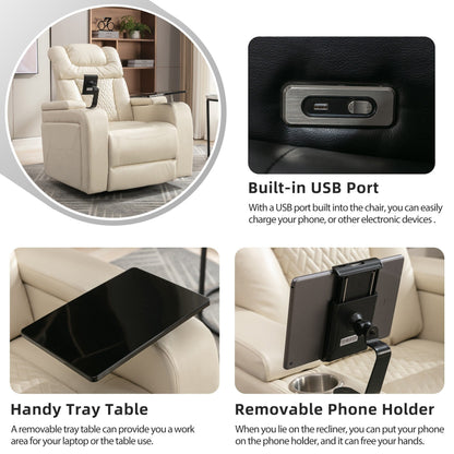 Fauteuil inclinable électrique pivotant à 270° en cuir synthétique avec support de dossier, tablette, support de téléphone, port USB et rangement dissimulé pour les accoudoirs.
