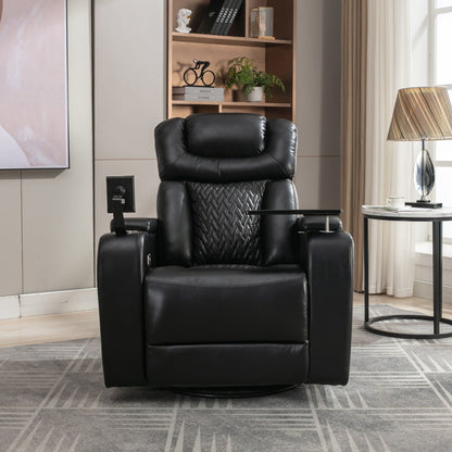 Fauteuil inclinable électrique pivotant à 270° en cuir synthétique avec support de dossier, tablette, support de téléphone, port USB et rangement dissimulé pour les accoudoirs.