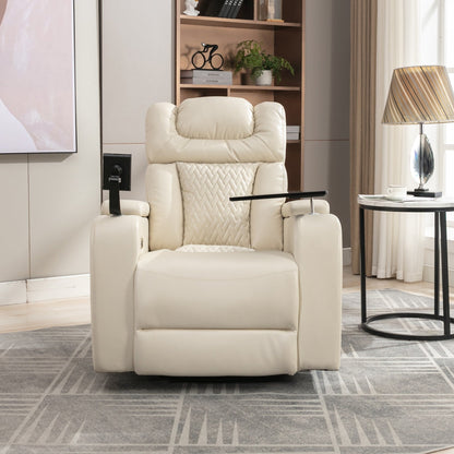 Fauteuil inclinable électrique pivotant à 270° en cuir synthétique avec support de dossier, tablette, support de téléphone, port USB et rangement dissimulé pour les accoudoirs.