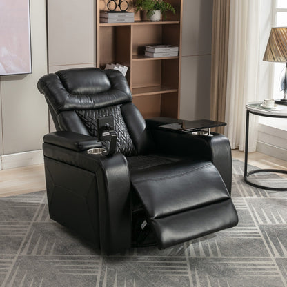 Fauteuil inclinable électrique pivotant à 270° en cuir synthétique avec support de dossier, tablette, support de téléphone, port USB et rangement dissimulé pour les accoudoirs.