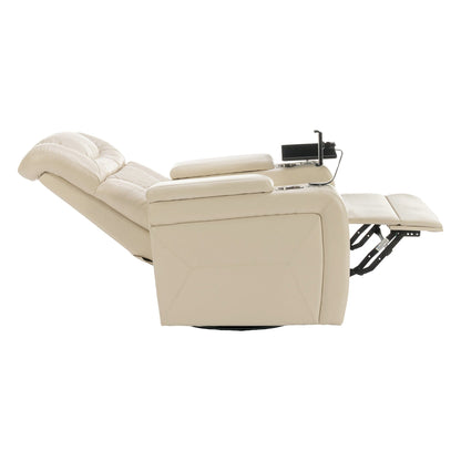 Fauteuil inclinable électrique pivotant à 270° en cuir synthétique avec support de dossier, tablette, support de téléphone, port USB et rangement dissimulé pour les accoudoirs.