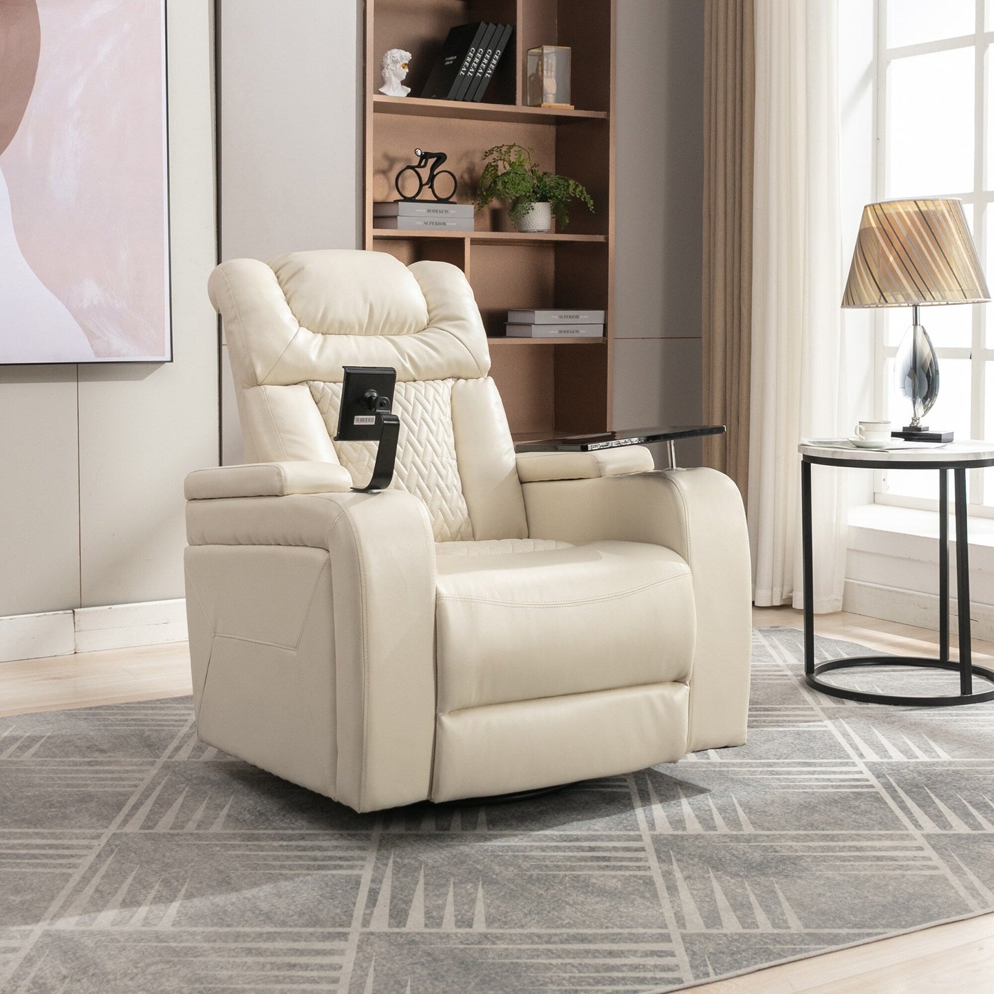 Fauteuil inclinable électrique pivotant à 270° en cuir synthétique avec support de dossier, tablette, support de téléphone, port USB et rangement dissimulé pour les accoudoirs.
