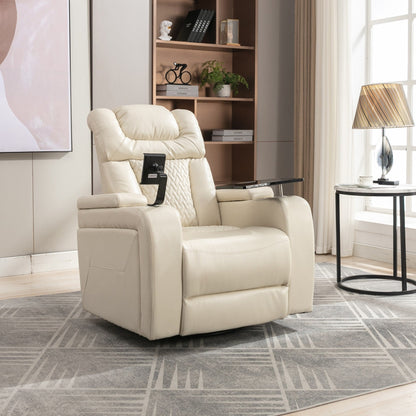 Fauteuil inclinable électrique pivotant à 270° en cuir synthétique avec support de dossier, tablette, support de téléphone, port USB et rangement dissimulé pour les accoudoirs.