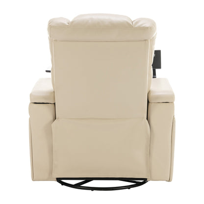 Fauteuil inclinable électrique pivotant à 270° en cuir synthétique avec support de dossier, tablette, support de téléphone, port USB et rangement dissimulé pour les accoudoirs.