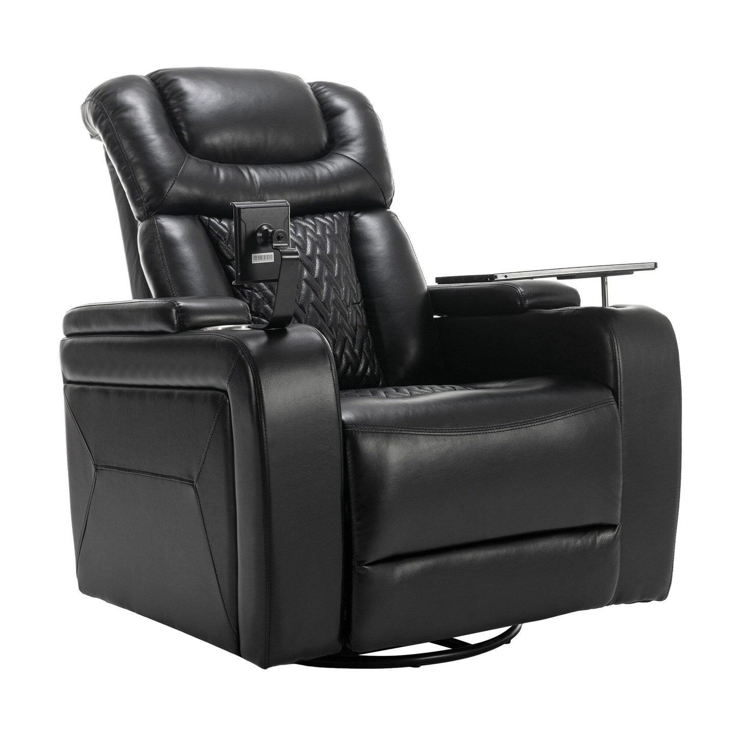 Fauteuil inclinable électrique pivotant à 270° en cuir synthétique avec support de dossier, tablette, support de téléphone, port USB et rangement dissimulé pour les accoudoirs.