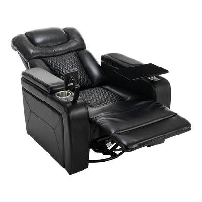 Fauteuil inclinable électrique pivotant à 270° en cuir synthétique avec support de dossier, tablette, support de téléphone, port USB et rangement dissimulé pour les accoudoirs.