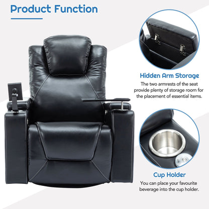 Fauteuil inclinable électrique pivotant à 270° en cuir PU avec son surround intégré, plateau amovible et rangement dissimulé pour les accoudoirs.