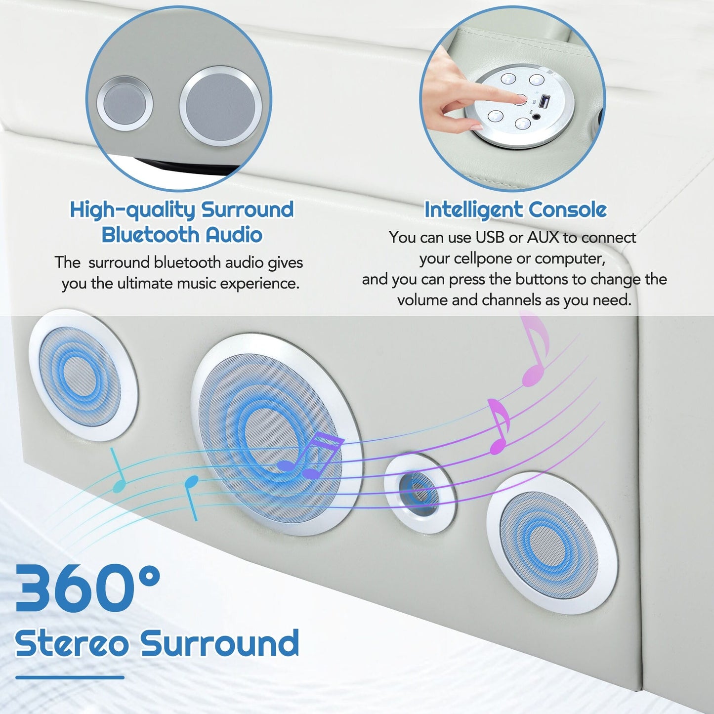 Fauteuil inclinable électrique pivotant à 270° en cuir PU avec son surround intégré, plateau amovible et rangement dissimulé pour les accoudoirs.