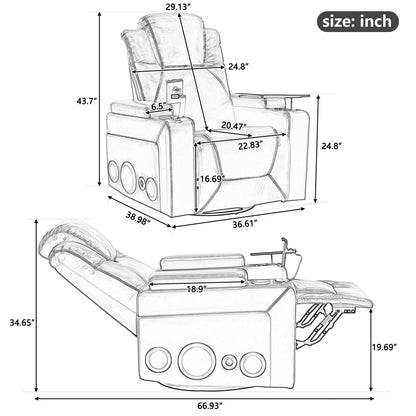Fauteuil inclinable électrique pivotant à 270° en cuir PU avec son surround intégré, plateau amovible et rangement dissimulé pour les accoudoirs.