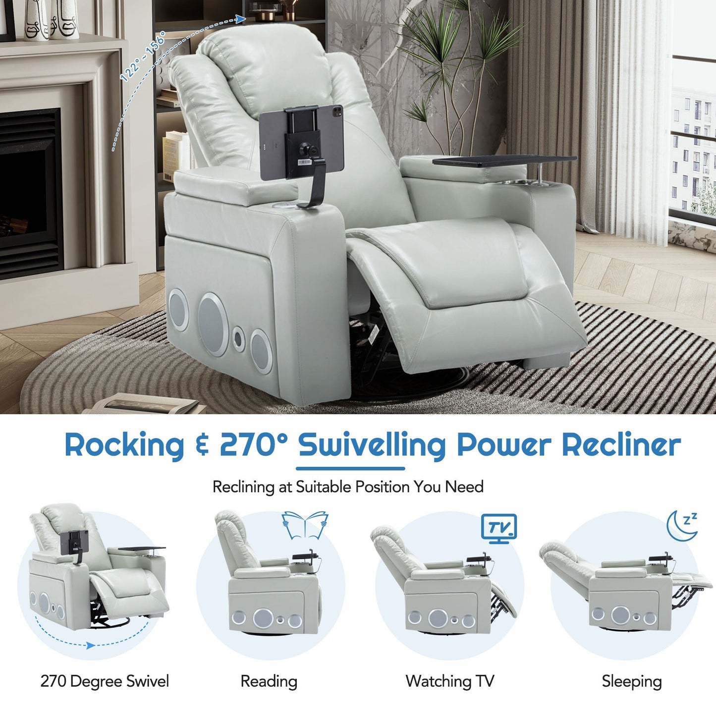 Fauteuil inclinable électrique pivotant à 270° en cuir PU avec son surround intégré, plateau amovible et rangement dissimulé pour les accoudoirs.