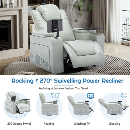 Fauteuil inclinable électrique pivotant à 270° en cuir PU avec son surround intégré, plateau amovible et rangement dissimulé pour les accoudoirs.
