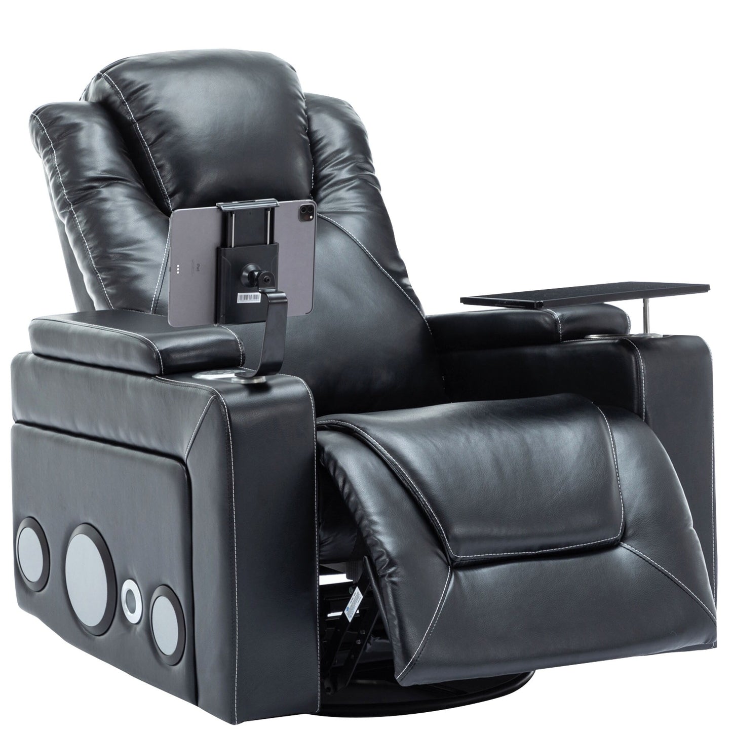 Fauteuil inclinable électrique pivotant à 270° en cuir PU avec son surround intégré, plateau amovible et rangement dissimulé pour les accoudoirs.