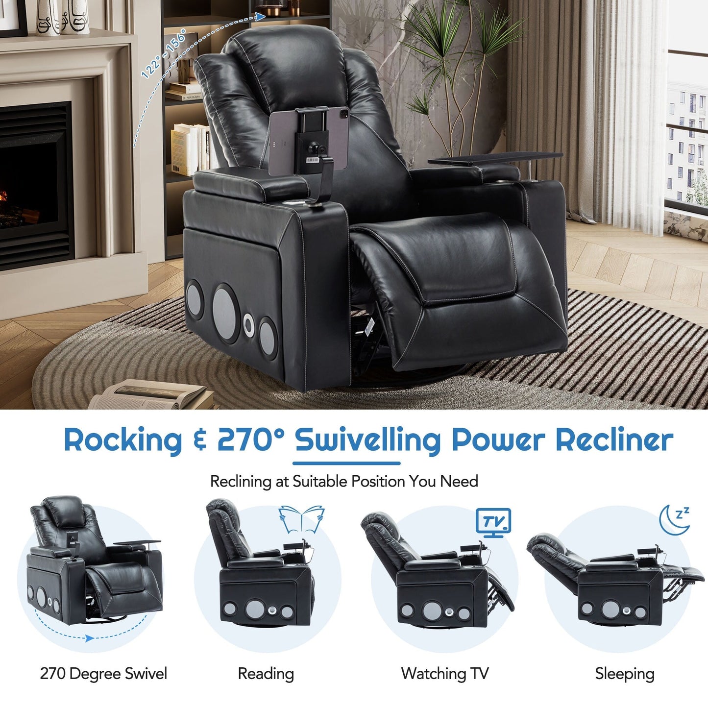 Fauteuil inclinable électrique pivotant à 270° en cuir PU avec son surround intégré, plateau amovible et rangement dissimulé pour les accoudoirs.