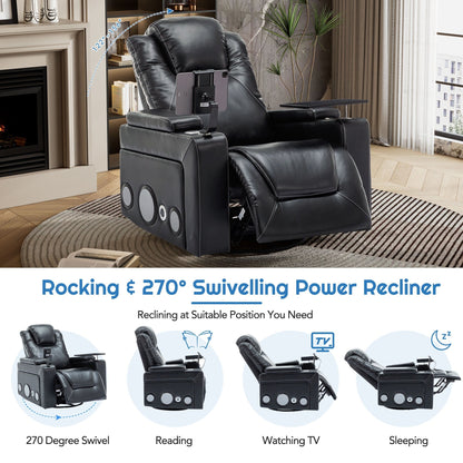 Fauteuil inclinable électrique pivotant à 270° en cuir PU avec son surround intégré, plateau amovible et rangement dissimulé pour les accoudoirs.