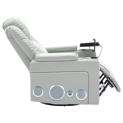 Fauteuil inclinable électrique pivotant à 270° en cuir PU avec son surround intégré, plateau amovible et rangement dissimulé pour les accoudoirs.