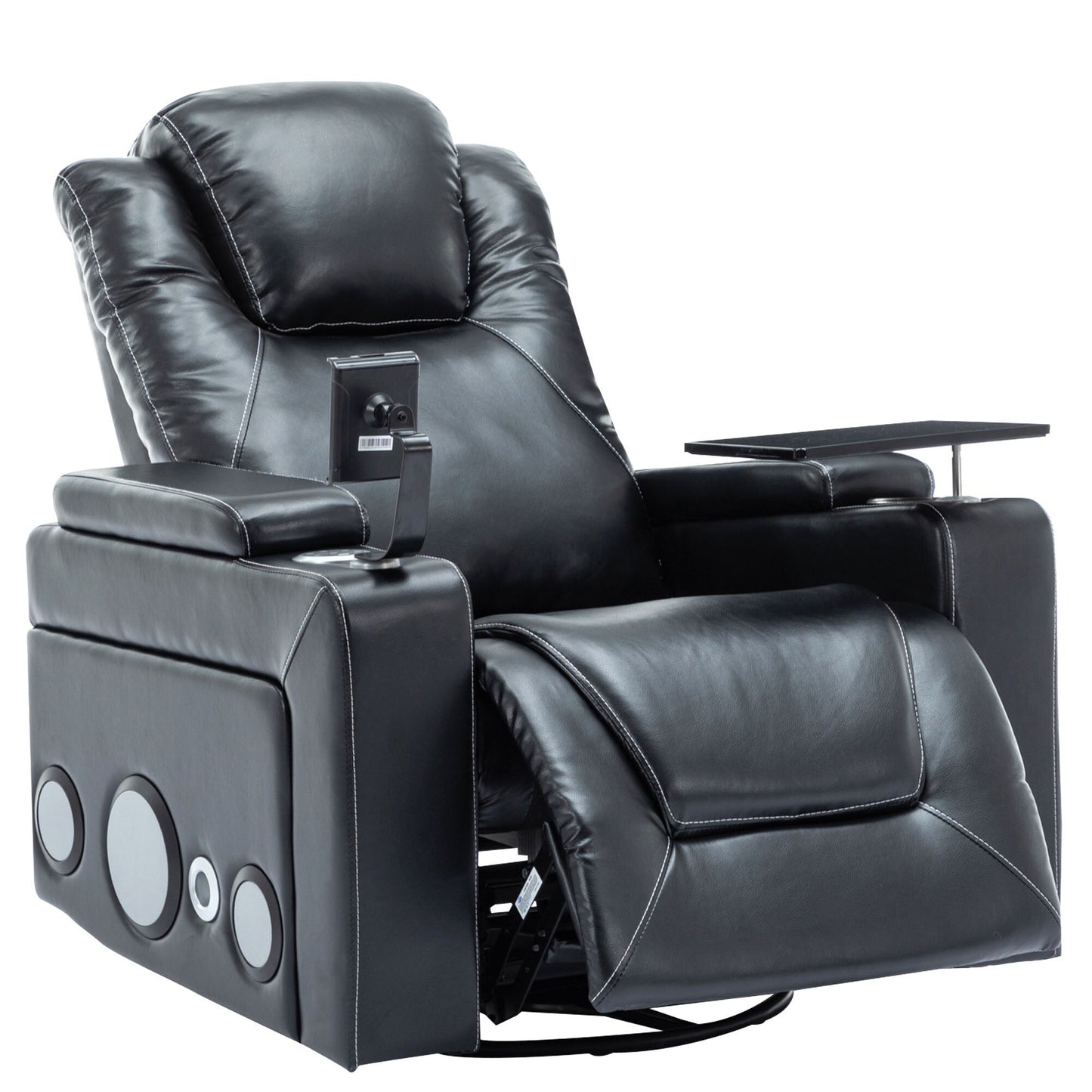 Fauteuil inclinable électrique pivotant à 270° en cuir PU avec son surround intégré, plateau amovible et rangement dissimulé pour les accoudoirs.