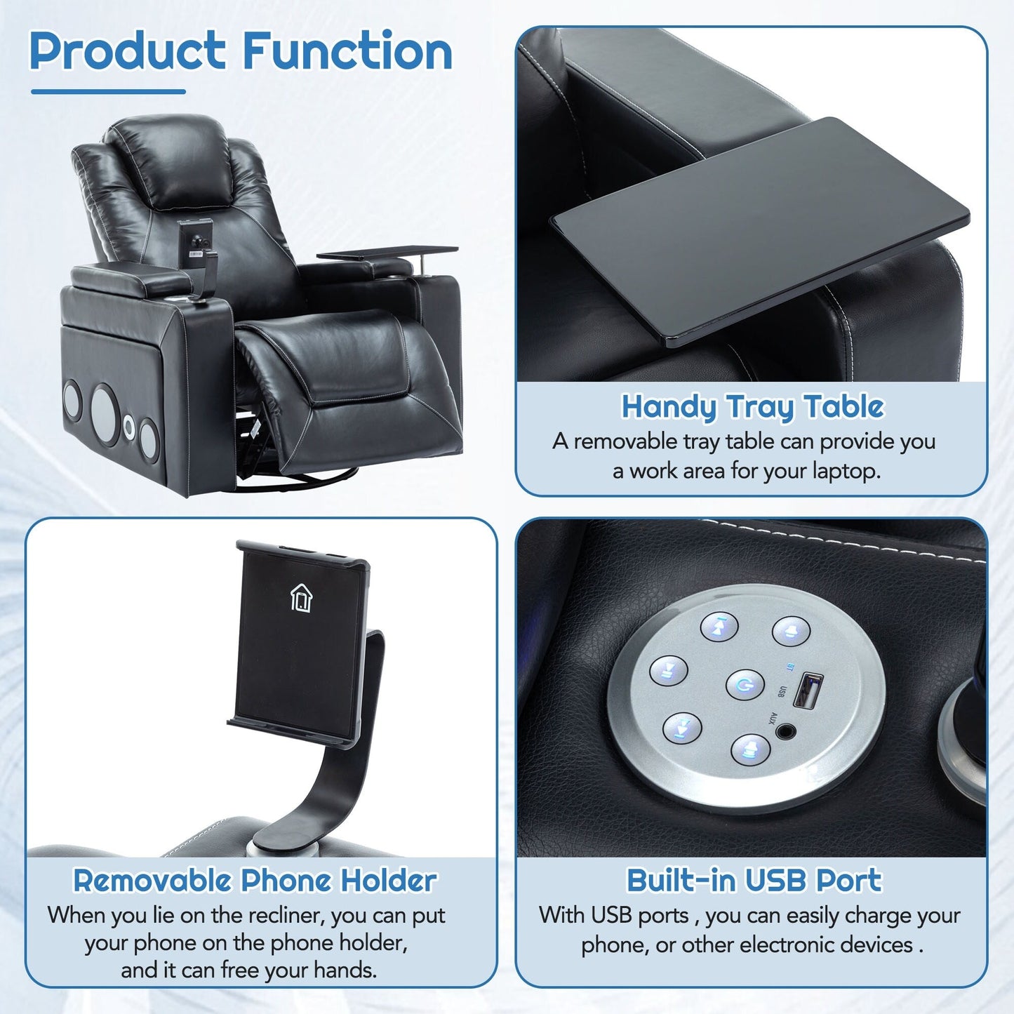 Fauteuil inclinable électrique pivotant à 270° en cuir PU avec son surround intégré, plateau amovible et rangement dissimulé pour les accoudoirs.