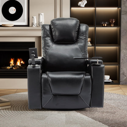Fauteuil inclinable électrique pivotant à 270° en cuir PU avec son surround intégré, plateau amovible et rangement dissimulé pour les accoudoirs.
