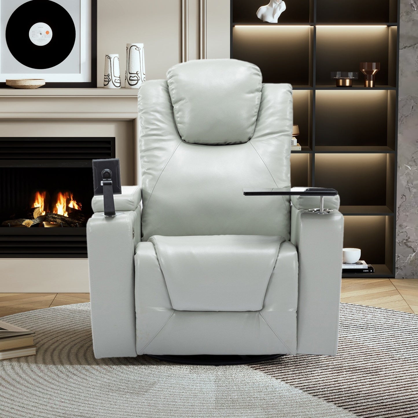 Fauteuil inclinable électrique pivotant à 270° en cuir PU avec son surround intégré, plateau amovible et rangement dissimulé pour les accoudoirs.