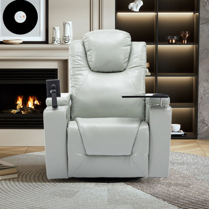 Fauteuil inclinable électrique pivotant à 270° en cuir PU avec son surround intégré, plateau amovible et rangement dissimulé pour les accoudoirs.