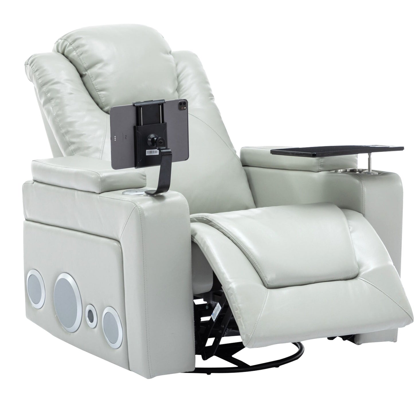 Fauteuil inclinable électrique pivotant à 270° en cuir PU avec son surround intégré, plateau amovible et rangement dissimulé pour les accoudoirs.