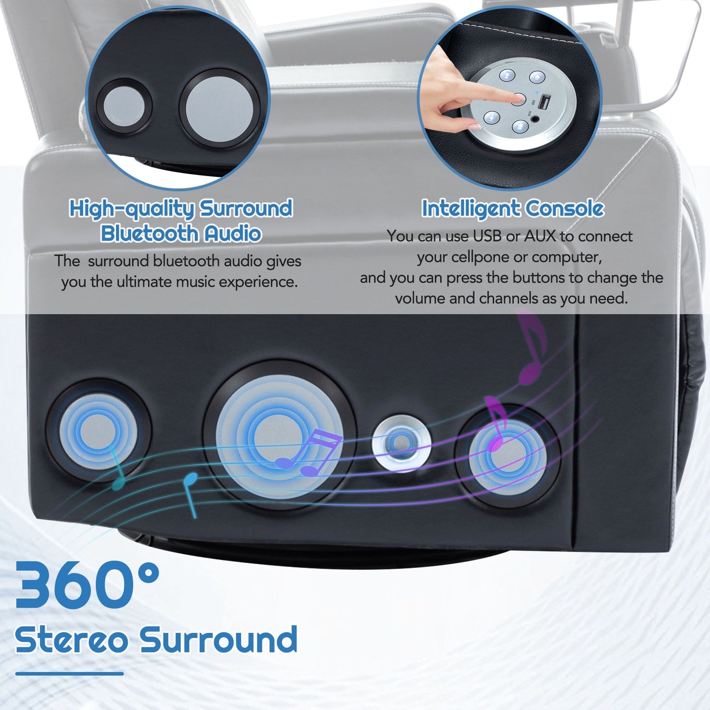 Fauteuil inclinable électrique pivotant à 270° en cuir PU avec son surround intégré, plateau amovible et rangement dissimulé pour les accoudoirs.