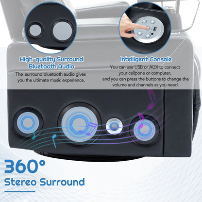 Fauteuil inclinable électrique pivotant à 270° en cuir PU avec son surround intégré, plateau amovible et rangement dissimulé pour les accoudoirs.