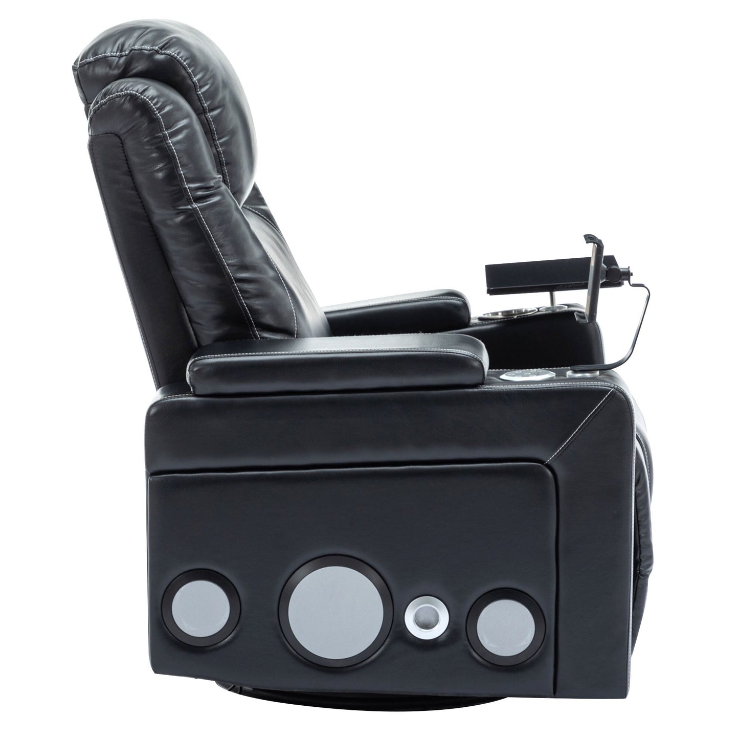 Fauteuil inclinable électrique pivotant à 270° en cuir PU avec son surround intégré, plateau amovible et rangement dissimulé pour les accoudoirs.