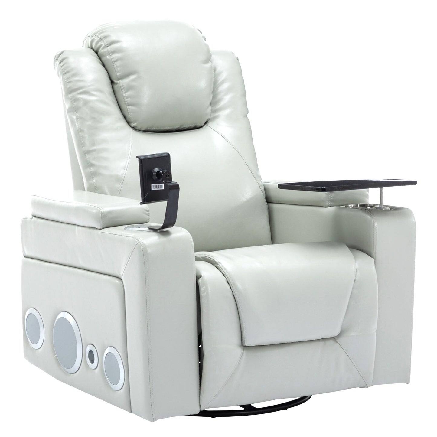 Fauteuil inclinable électrique pivotant à 270° en cuir PU avec son surround intégré, plateau amovible et rangement dissimulé pour les accoudoirs.