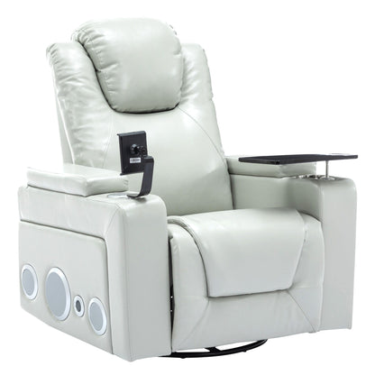 Fauteuil inclinable électrique pivotant à 270° en cuir PU avec son surround intégré, plateau amovible et rangement dissimulé pour les accoudoirs.