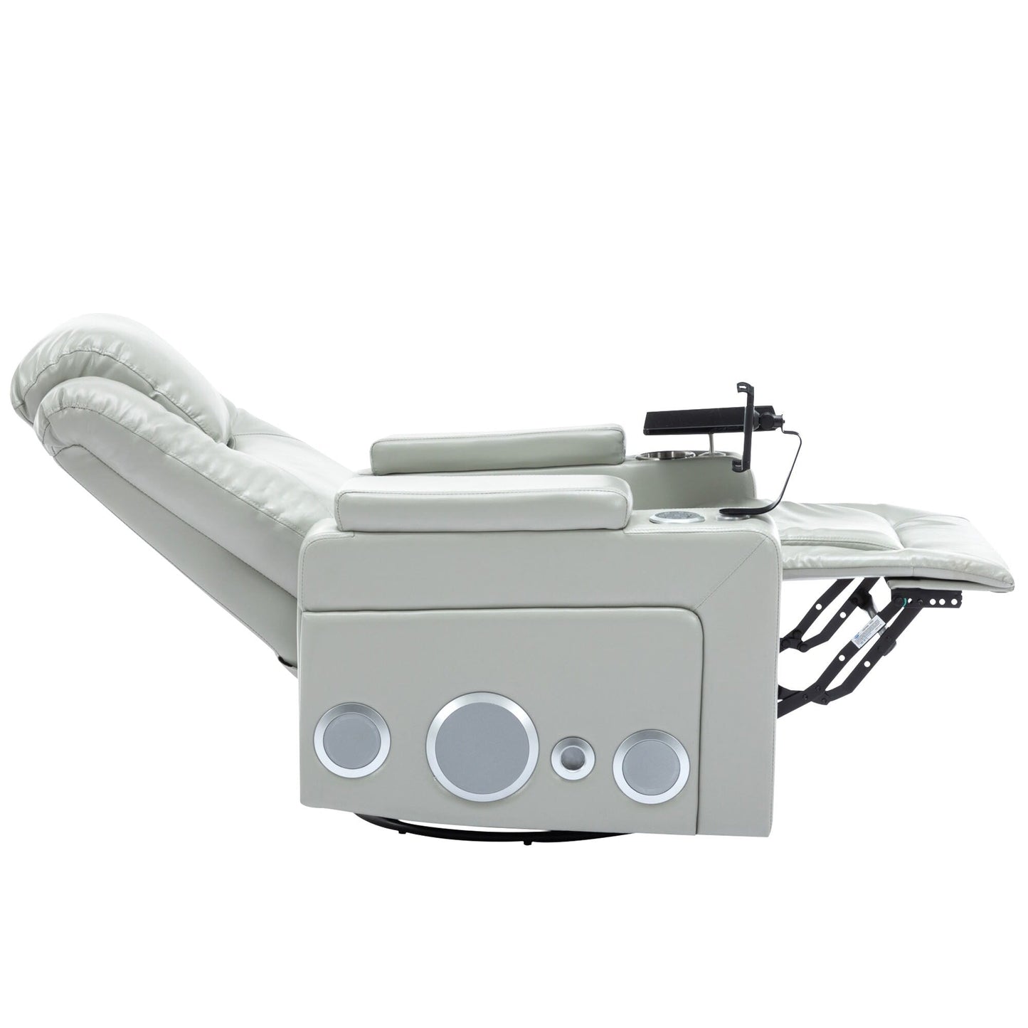 Fauteuil inclinable électrique pivotant à 270° en cuir PU avec son surround intégré, plateau amovible et rangement dissimulé pour les accoudoirs.