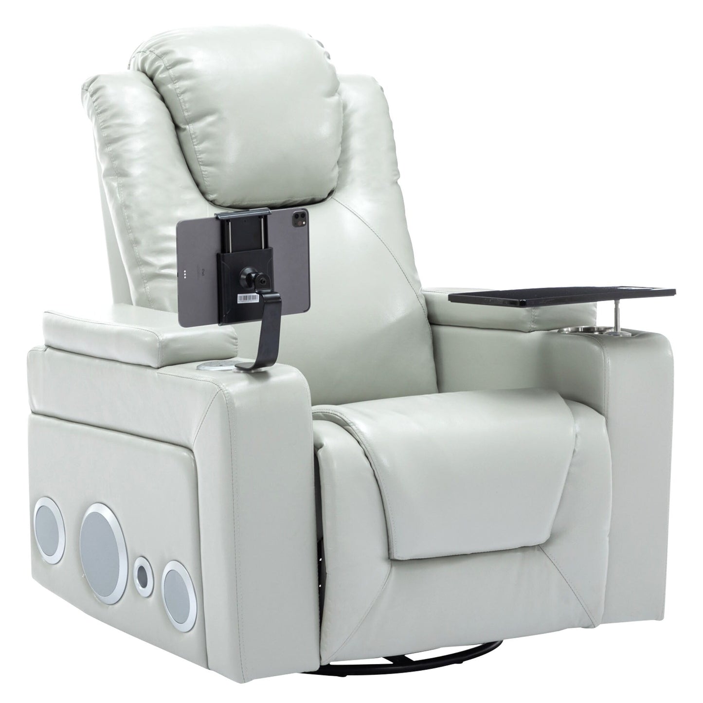 Fauteuil inclinable électrique pivotant à 270° en cuir PU avec son surround intégré, plateau amovible et rangement dissimulé pour les accoudoirs.