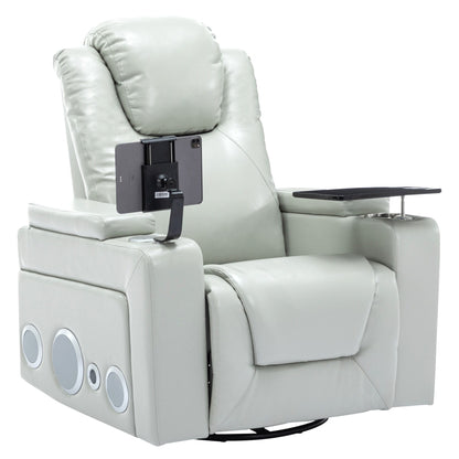 Fauteuil inclinable électrique pivotant à 270° en cuir PU avec son surround intégré, plateau amovible et rangement dissimulé pour les accoudoirs.