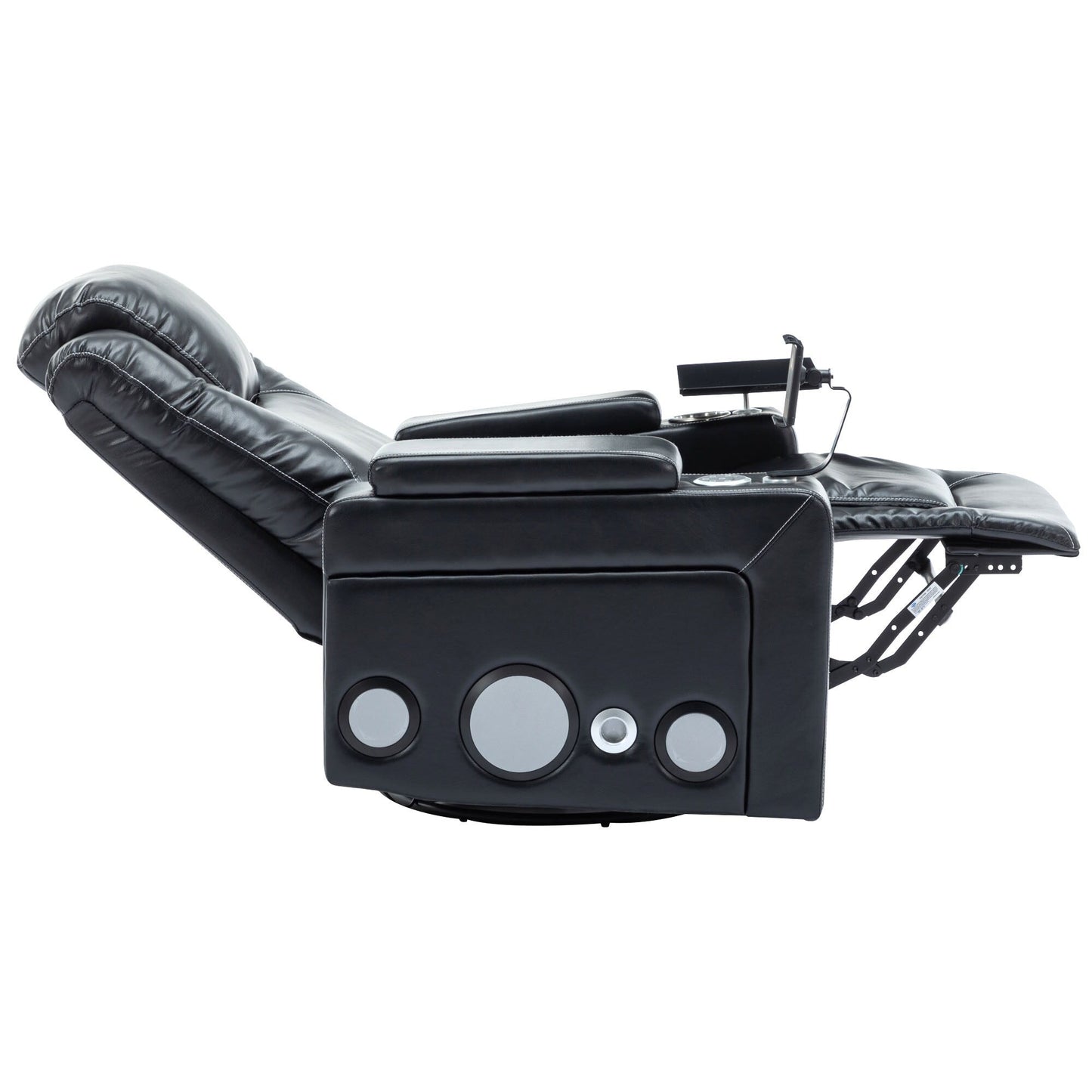 Fauteuil inclinable électrique pivotant à 270° en cuir PU avec son surround intégré, plateau amovible et rangement dissimulé pour les accoudoirs.