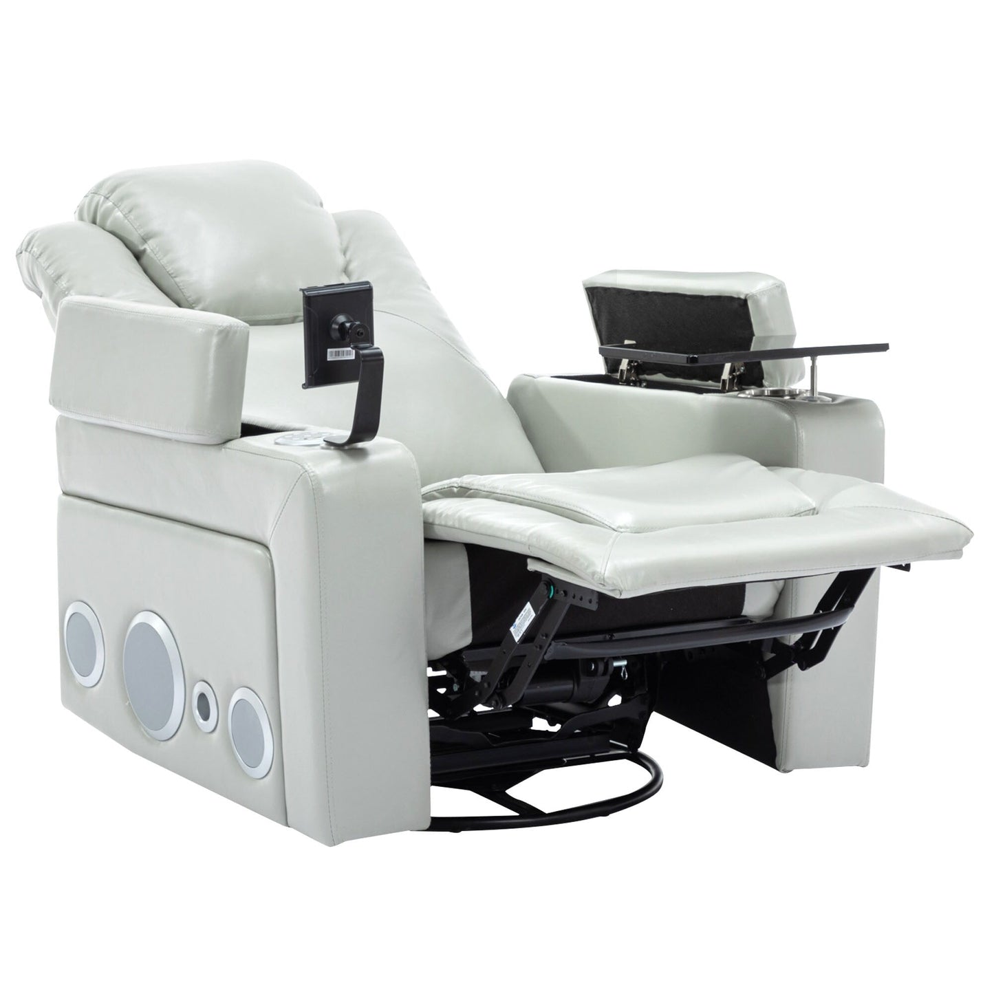 Fauteuil inclinable électrique pivotant à 270° en cuir PU avec son surround intégré, plateau amovible et rangement dissimulé pour les accoudoirs.