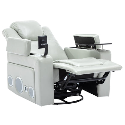 Fauteuil inclinable électrique pivotant à 270° en cuir PU avec son surround intégré, plateau amovible et rangement dissimulé pour les accoudoirs.