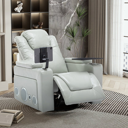 Fauteuil inclinable électrique pivotant à 270° en cuir PU avec son surround intégré, plateau amovible et rangement dissimulé pour les accoudoirs.